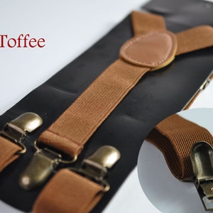 Toffee Tan Brown 25MM Elastic Y-Back Suspenders Braces Bronze Metal Clips for Men Adult / Youth Teenage / Kids Boy /Toddler Baby Infant Toffee