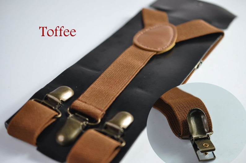 Toffee Tan Brown 25MM Elástico Y-Back Tirantes Tirantes Bronce Metal Clips para Hombres Adultos / Jóvenes Adolescentes / Niños Niño / Niño Bebé Infante imagen 3