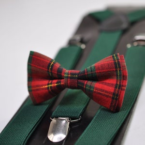 Red Green Gold Tartan Christmas Xmas Bow tie Bowtie + Emerald Green Suspenders Braces for Men / Youth/ Boys Kids / Baby Infant Toddler