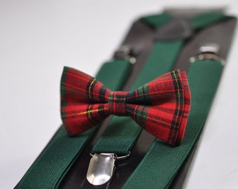 Red Green Gold Tartan Christmas Xmas Bow tie Bowtie + Emerald Green Suspenders Braces for Men / Youth/ Boys Kids / Baby Infant Toddler