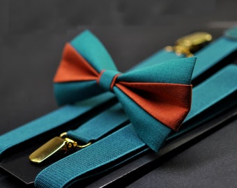 Burnt Orange and Teal Blue Bow tie Bowtie + Teal Blue Suspenders Braces for Men / Youth/ Boys Kids / Baby Infant Toddler
