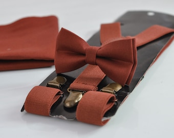 Cinnamon Terracotta Brown Cotton Bow tie + Bretelles élastiques Bretelles + Pocket Square Hanky Mouchoir Hommes / Jeunes / Garçons Enfants / Bébé Nourrisson