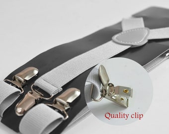 Silver Grey Gray 25MM Elastic Y-Back Suspenders Braces Metal Clips for Men Adult / Youth Teenage / Kids Boy /Toddler Baby Infant