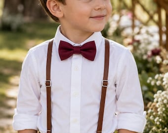 Burgundy Bow Tie and Brown Suspenders Set, Rustic Wedding Bow Tie, Ring Bearer Outfit, Groomsmen Accessories, Burgundy Wedding