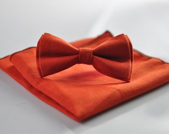Burnt Orange Linen Bow tie Bowtie + matched pocket Square Hanky Handkerchief  Wedding for Men / Youth / Boys Kids / Baby Infant