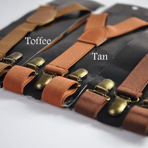 Toffee Tan Brown 25MM Elastic Y-Back Suspenders Braces Bronze Metal Clips for Men Adult / Youth Teenage / Kids Boy /Toddler Baby Infant image 1