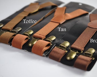 Toffee Tan Brown 25MM Elastic Y-Back Suspenders Braces Bronze Metal Clips for Men Adult / Youth Teenage / Kids Boy /Toddler Baby Infant