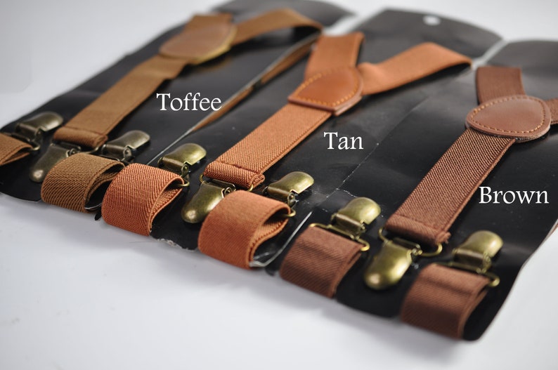 Toffee Tan Brown 25MM Elastic Y-Back Suspenders Braces Bronze Metal Clips for Men Adult / Youth Teenage / Kids Boy /Toddler Baby Infant image 1