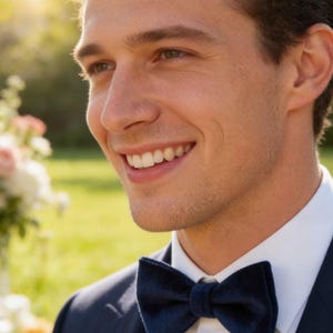 May include: A navy blue velvet bow tie, part of a formal ensemble. The bow tie is knotted and worn with a white collared shirt and a dark navy suit jacket. The background is a soft focus of greenery and sunlight.