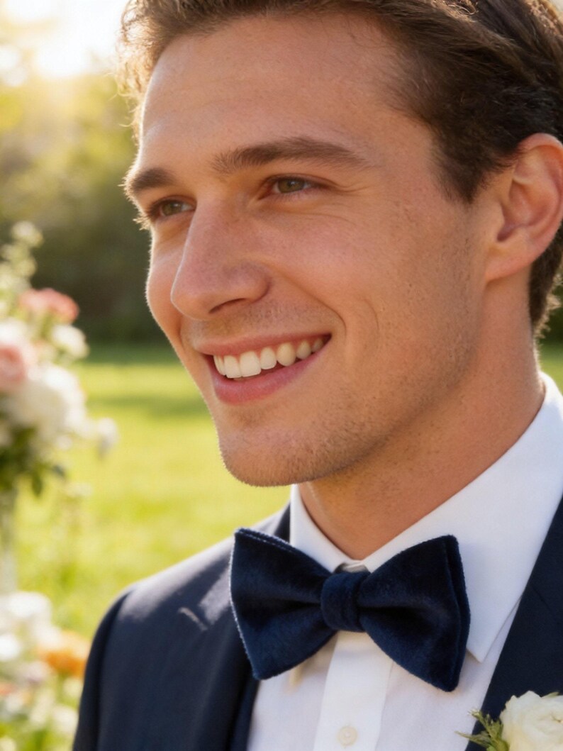 May include: A navy blue velvet bow tie, part of a formal ensemble. The bow tie is knotted and worn with a white collared shirt and a dark navy suit jacket. The background is a soft focus of greenery and sunlight.