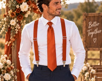 Burnt Orange Tie and Suspenders Set, Rust Orange Necktie, Groom Groomsmen Wedding Accessories, Fall Rustic Wedding, Mens Tie Set