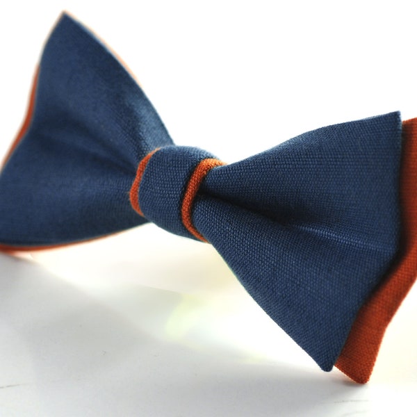 Navy Blue and Burnt Orange Linen Cotton Pre tied Bow tie Bowtie for Men Adult / Youth Teenage / Boy Kids / Baby Infant