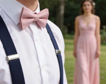 Dusky Dusty Blush Pink Bow tie Wedding + Navy Blue Elastic Suspenders Braces for Kids Page Boy Toddler / Youth Teenage / Men
