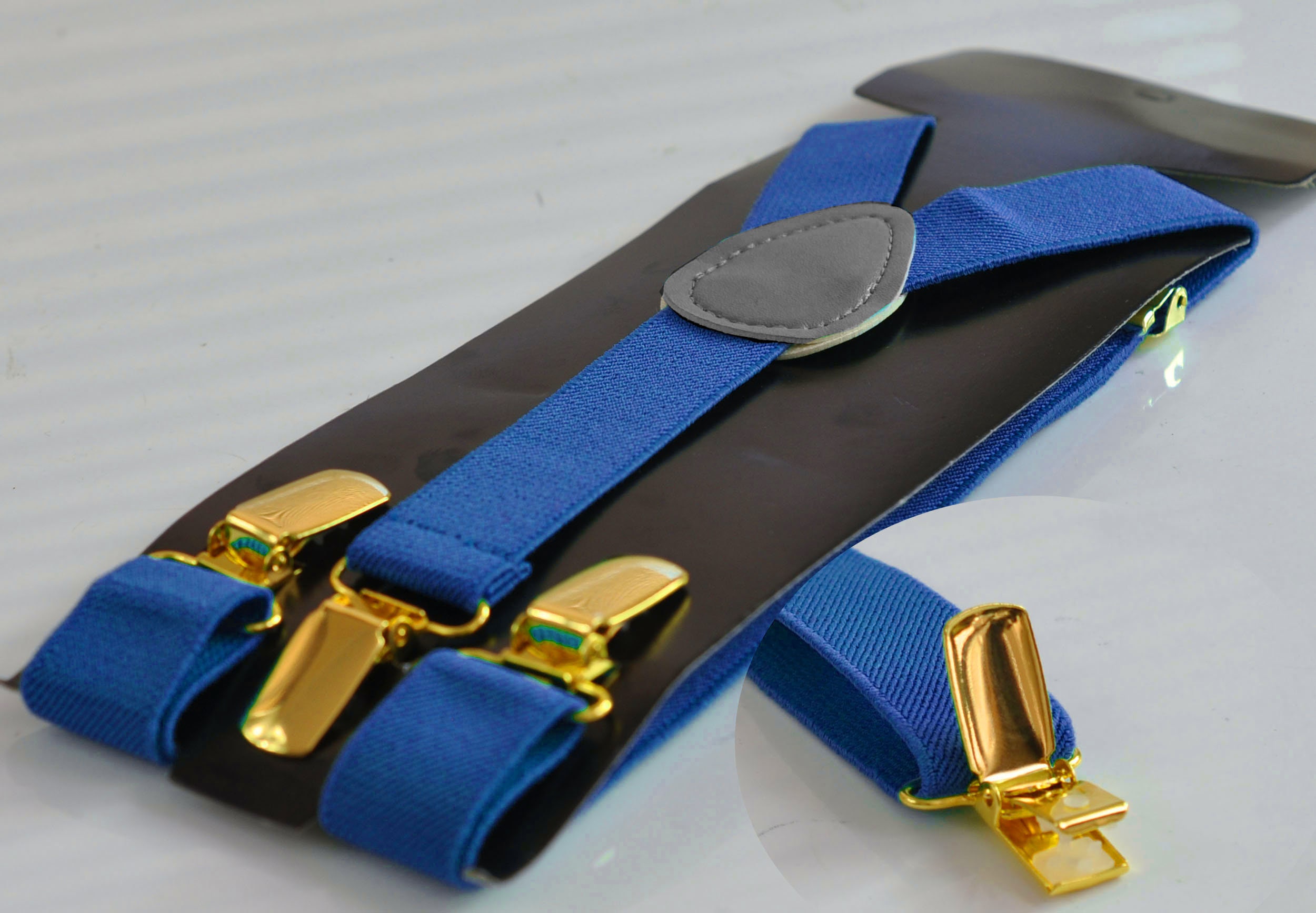 Indigo Blue Royal Blue 25MM Elastic Y-Back Suspenders Braces Gold Golden Metal Clips for Men Adult / Youth  / Kids Boy /Toddler Baby Infant