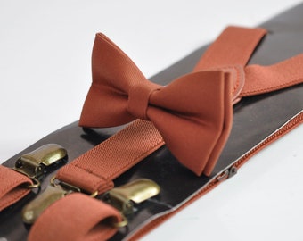 Rust Rusty Redish Brown Cotton Bow tie Bowtie + matched Elastic Suspenders Braces for Men / Youth Teenage/ Boys Kids / Baby Infant Toddler