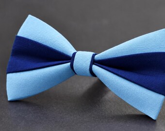 Light Blue and Navy Blue Cotton Bow Tie, Two Tone Wedding Bowtie, Groom Groomsmen Ring Bearer Bow Tie, Blue Wedding Accessories