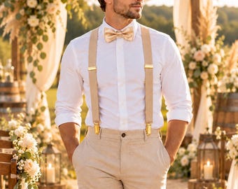Champagne Satin Bow Tie and Sand Suspenders Set, Gold Clip Wedding Braces, Groom Groomsmen Ring Bearer Outfit, Rustic Wedding Accessories