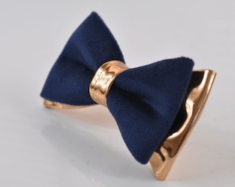 Navy Blue Velvet + Rose Gold Golden Faux Leather 2 Layers Bow tie Bowtie for Men Adult / Youth Teenage / Boy Kids / Baby Infant Toddler