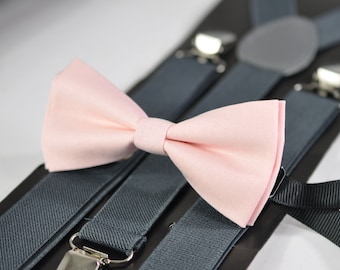 Baby Pink Light Pink Cotton Bow tie Bowtie + Grey Gray Elastic Suspenders Braces for Infant Toddler Baby / Boy Kids / Youth Teenage / Men