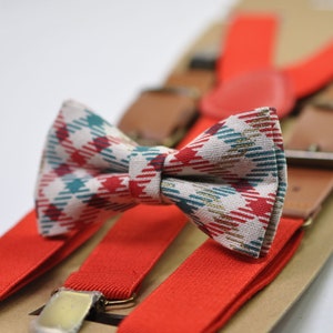 Red Blue Cream Tartan Christmas Xmas Bow tie Bowtie + Red Elastic Suspenders Braces for Men / Youth/ Boys Kids / Baby Infant Toddler