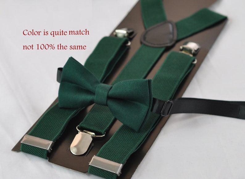Tree Bow Hanger Hunter Green Cotton Bow Tie & Suspenders Set - Clip-On, Handmade In Australia (All Ages) Mens Button Suspenders Braces - Foto 2