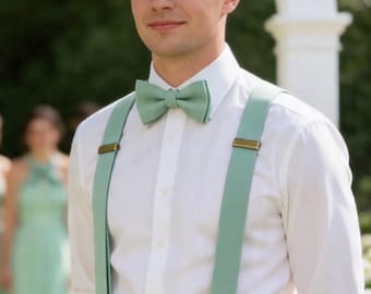 Sage Green Cotton Bow tie Bowtie + Matched Elastic Suspenders Braces for Men / Youth Teenage/ Boys Kids / Baby Infant Toddler