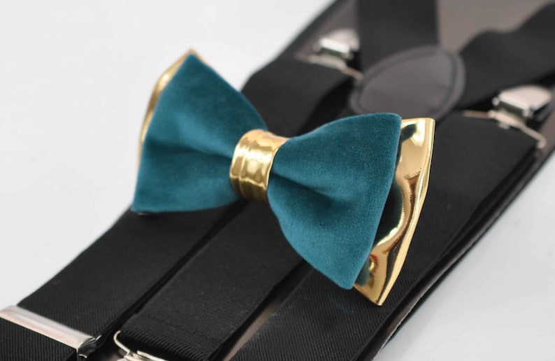 MEN ADULT Dark Turquoise Teal Blue Velvet Gold Faux Leather Bow tie Brown Elastic Suspenders Braces Wedding Set