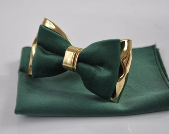 Emerald Green Velvet Gold Leather Bow tie Bowtie + pocket Square Hanky Handkerchief  Wedding  Men / Youth / Boys Kids / Baby Infant Toddler