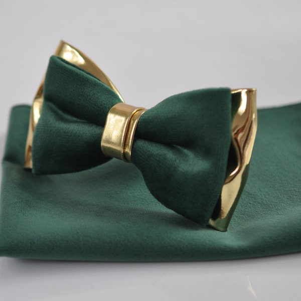 Emerald Green Velvet Gold Leather Bow tie Bowtie + pocket Square Hanky Handkerchief  Wedding  Men / Youth / Boys Kids / Baby Infant Toddler