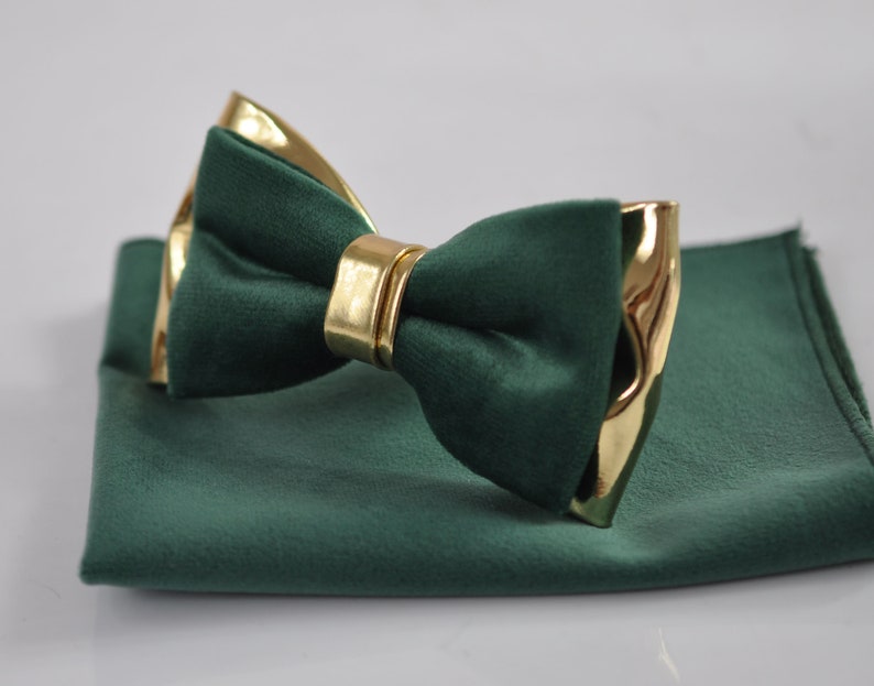 Emerald Green Velvet Gold Leather Bow tie Bowtie pocket Square Hanky Handkerchief Wedding Men / Youth / Boys Kids / Baby Infant Toddler Bowtie +PocketSquare