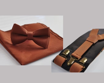 Rust Rusty Brown Cotton Bow tie  + Pocket Square Hanky Handkerchief + Tan Elastic Suspenders Bracesfor Men / Youth / Boys Kids / Baby Infant