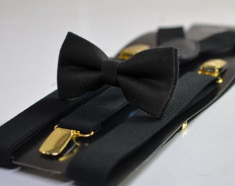 Black Cotton Bow tie Bowtie + matched Elastic Suspenders Braces Golden Clips for Men / Youth / Boys Kids / Baby Infant Toddler