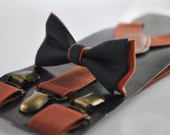Schwarz orange Leinen Fliege + ROST Terracotta Hosenträger Hosenträger für Männer / Jugend Teenager / Jungen Kinder / Baby Kleinkind Kleinkind
