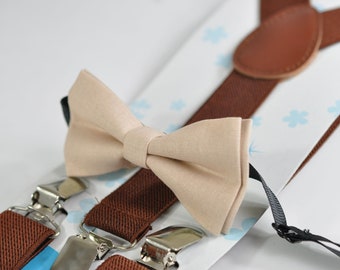 Light Begie Sand Pale Brown Cotton Bow tie + Brown Elastic Suspenders Braces for Baby infant Toddler / Kids Boy / Youth Teenage
