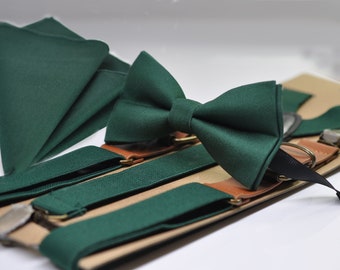 Dark Emerald Green Cotton Bow tie + Elastic Suspenders Braces + Pocket Square Hanky Handkerchief for Men / Youth / Boys Kids / Baby Infant