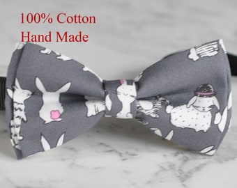 Men Women Grey Gray 100% Cotton Hand Made Bow Tie Rabbit Rabbits Bunny Bunnies Pattern Easter Christmas Bowtie