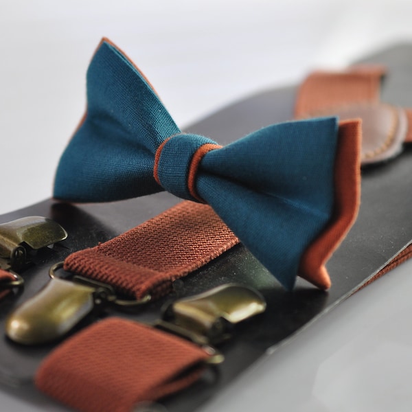 Turquoise Teal Blue and Burnt Orange Linen Bow tie Bowtie + RUST Suspenders Braces for Men / Youth Teenage/ Boys Kids / Baby Infant Toddler