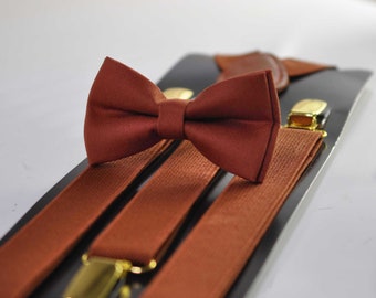 Cinnamon Terracotta Redish Brown Cotton Bow tie Bowtie + bretelles élastiques assorties pour hommes / jeunes / garçons enfants / bébé nourrisson tout-petit