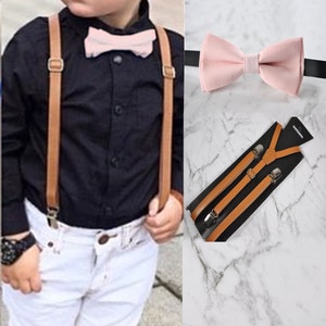 Pink 100% Cotton Bow tie + Brown Tan Faux Leather Suspenders Braces Wedding Set for Baby Infant / Kids  Page Boys  Toddler /Teenage Youth
