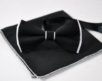 Men Adult Black + White 100% Cotton Bow tie Bowtie + Pocket Square Hanky Handkerchief Wedding Set