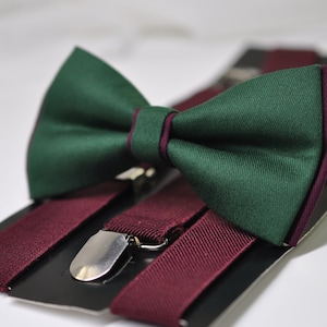 Emerald Green and Burgundy Dark Wine Red Bow tie Bowtie + Wine Red Suspenders Braces Men / Youth / Boys Kids / Baby Infant Toddler