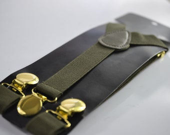 Olive Army Green 25MM Elastic Y-Back Suspenders Braces Round Gold Golden Metal Clip Men / Youth  / Kids Boy /Toddler Baby Infant