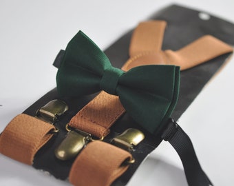 Dark Emerald Green Hunter Green Cotton Bow tie + Tan Brown Elastic Suspenders Braces pour Hommes / Jeunes / Garçons Enfants / Bébé Bébé Tout-petit