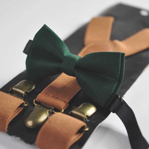 Dark Emerald Green Hunter Green Cotton Bow tie + Tan Brown Elastic Suspenders Braces for Men / Youth / Boys Kids / Baby Infant Toddler