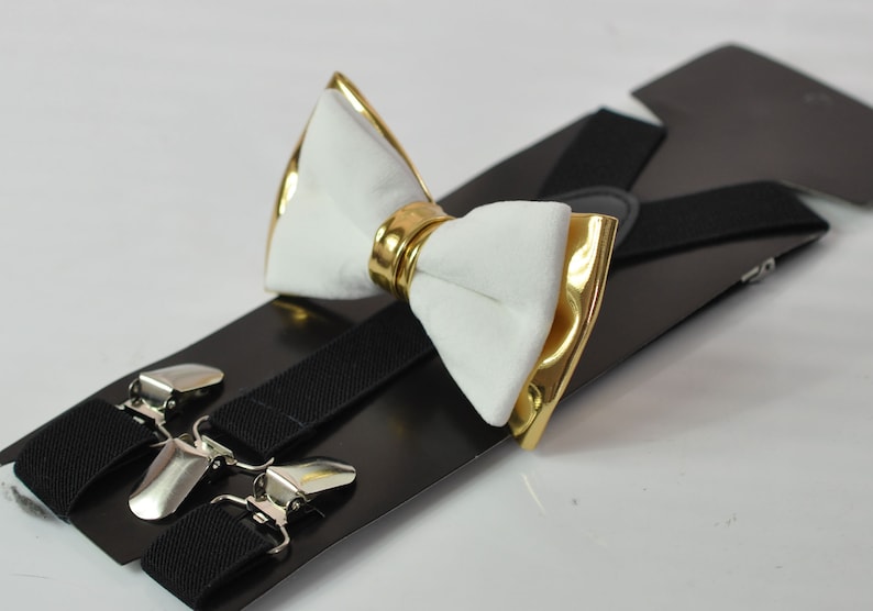 White Velvet /& Gold Faux Leather Bow tie Black Elastic suspenders braces Men Adult Youth Teenage Boy Kids Baby infant toddler