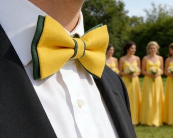 Emerald Green and Yellow Linen Cotton Pre tied Bow tie Bowtie for Men Adult / Youth Teenage / Boy Kids / Baby Infant