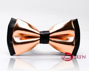 Rose Gold Golden + Black Pvc Faux Leather Pretied Bow tie Bowtie for Men Adult / Youth Teenage / Boy Kids / Baby Infant