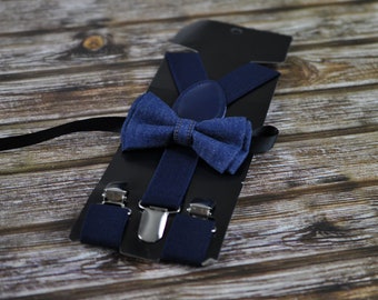 Navy Blue Denim Jeans Bow Tie Bowtie and Elastic Suspenders Braces Sets for Men / Youth / Boy Kids / Baby Infant Toddler