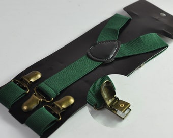 Dark Emerald Hunter Green 25MM Elastic Y-Back Suspenders Braces Bronze Metal Clips for Men Adult / Youth / Kids Boy /Toddler Baby Infant