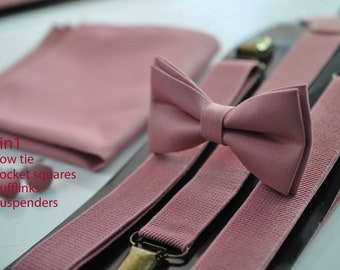 Dusty Rose Pink Cotton Bow tie + Elastic Suspenders Braces + Pocket Square Hanky Handkerchief for Men / Youth / Boys Kids / Baby Infant